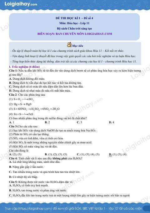 Đề thi học kì 1 Hóa 11 Chân trời sáng tạo - Đề số 4